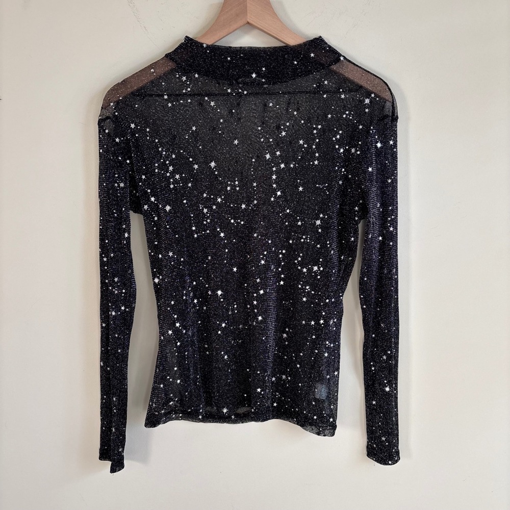 MANGOPOP Black Sheer Mesh Star Print Mock Neck Long Sleeve Top Large Celestial
